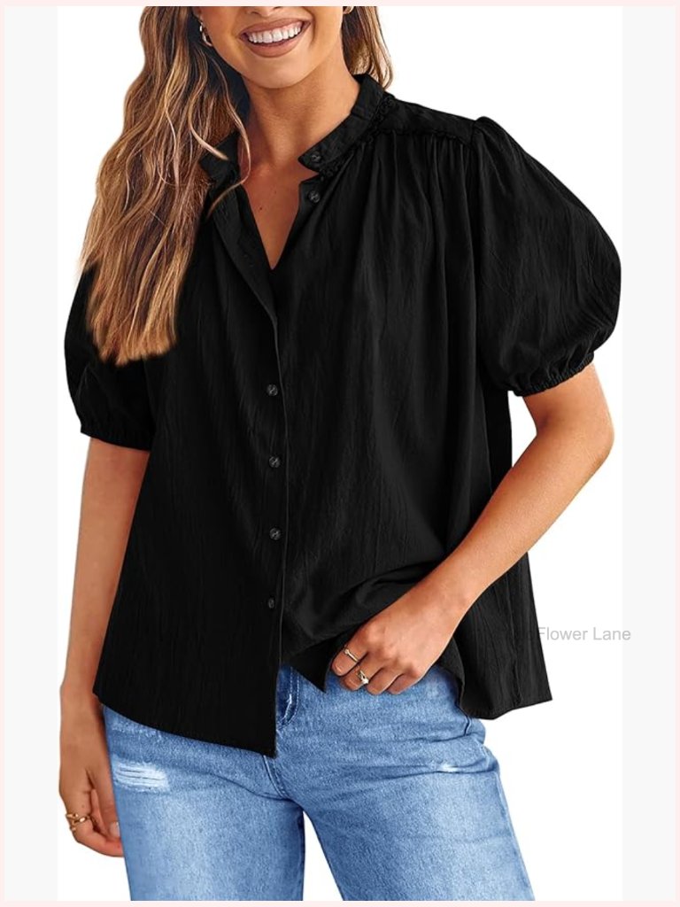 Summer Cotton Button Down Shirt Short Lantern Sleeve V Neck Blouse